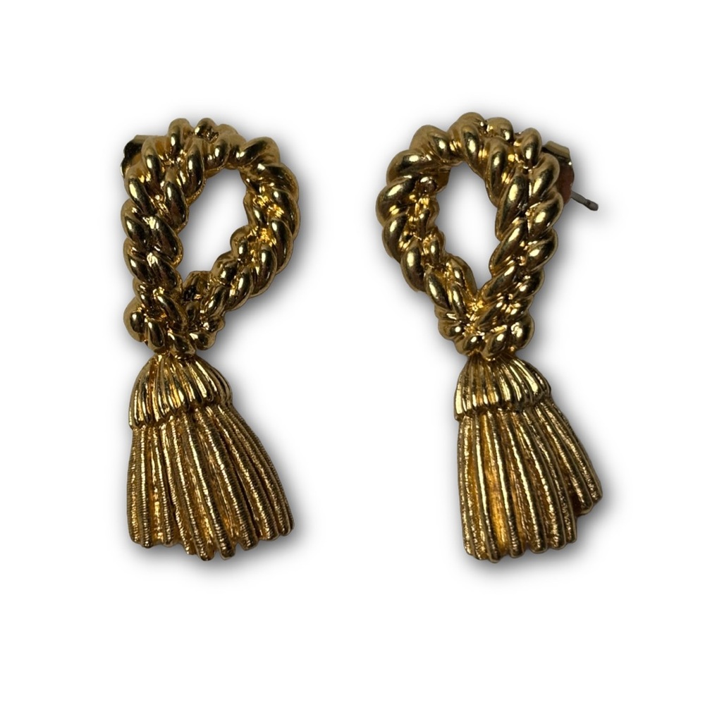 Estate Gold-Tone Twisted Knot Tassel Earrings